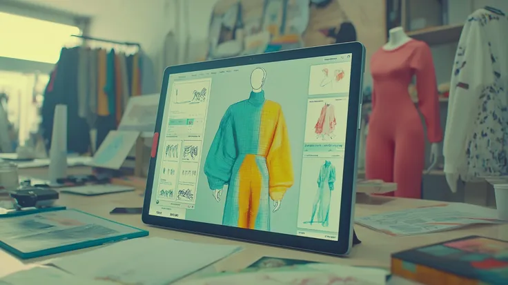 Tablet showing a digital garment design in a fashion studio