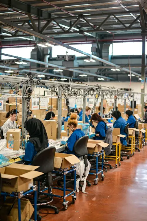 Planta de confección con operarias trabajando en línea