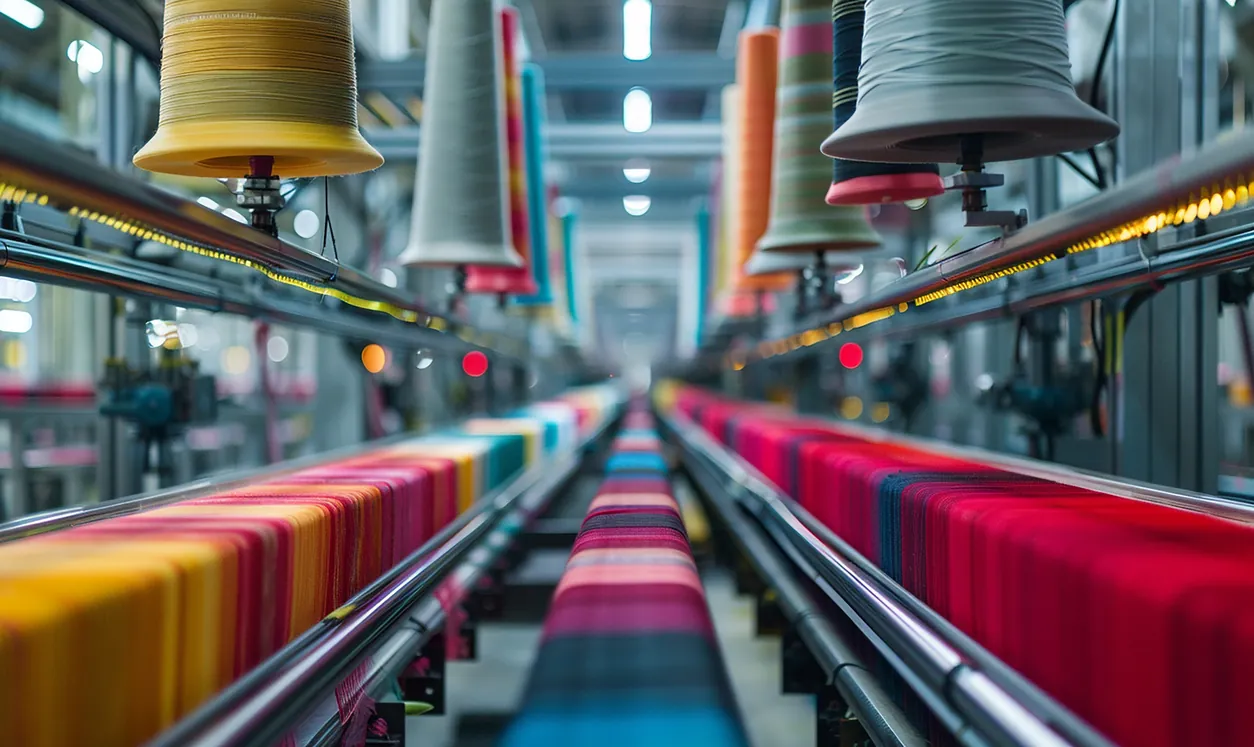 Hileras de conos de hilo en una máquina de tejido industrial